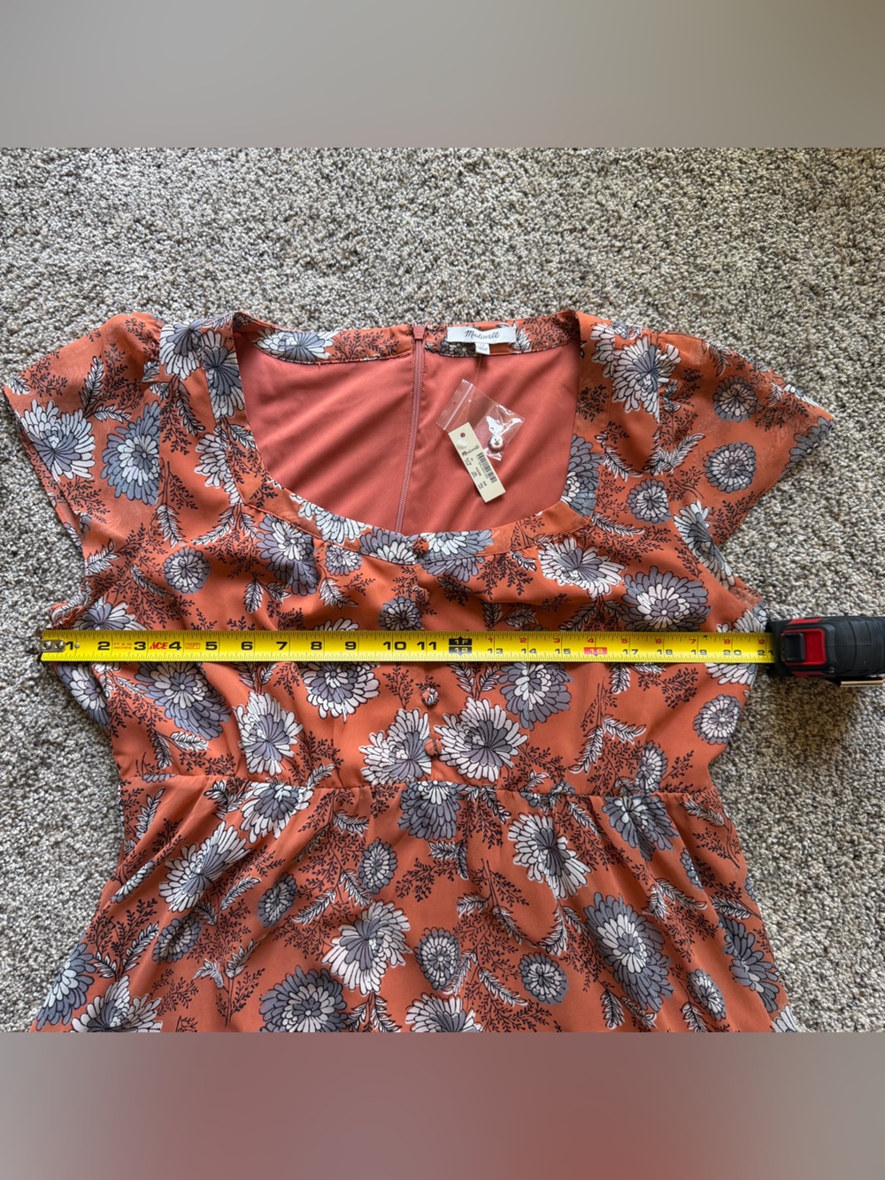 NWT Madewell Floral Chiffon Midi Dress Scoop Neck Short Sleeve Buttons Zip Sz 14 - Picture 9 of 11